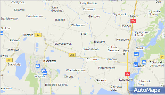 mapa Sławoszewo gmina Kleczew, Sławoszewo gmina Kleczew na mapie Targeo