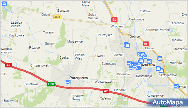 mapa Śliwniki gmina Parzęczew, Śliwniki gmina Parzęczew na mapie Targeo