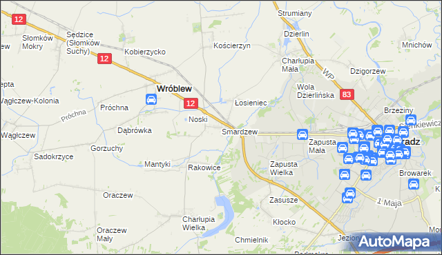 mapa Smardzew gmina Wróblew, Smardzew gmina Wróblew na mapie Targeo