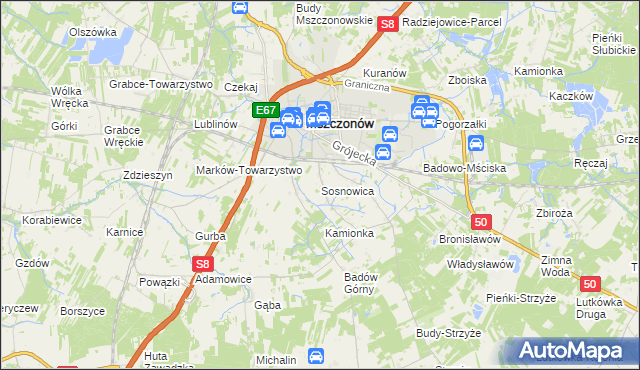 mapa Sosnowica gmina Mszczonów, Sosnowica gmina Mszczonów na mapie Targeo