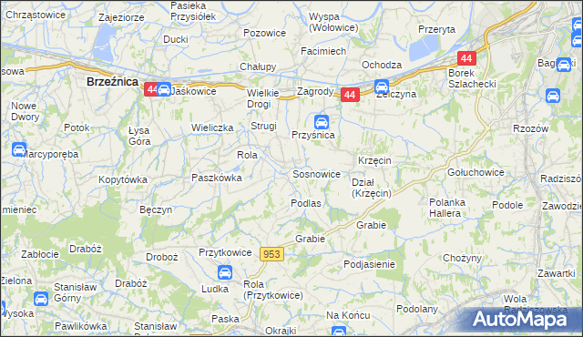 mapa Sosnowice gmina Brzeźnica, Sosnowice gmina Brzeźnica na mapie Targeo
