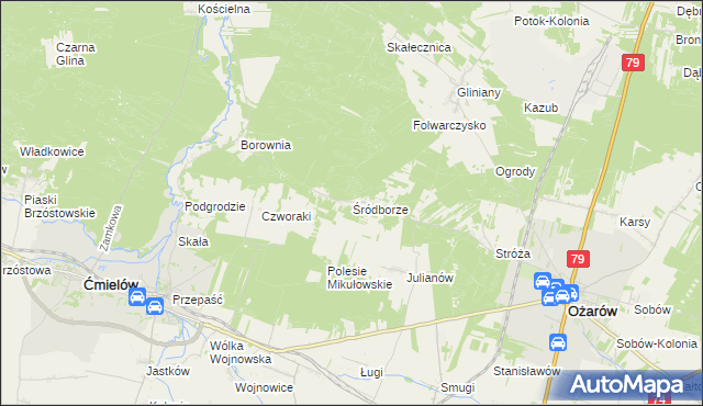 mapa Śródborze gmina Ożarów, Śródborze gmina Ożarów na mapie Targeo