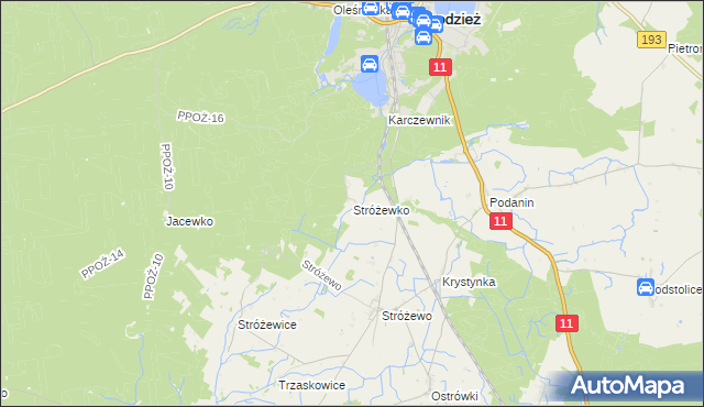 mapa Stróżewko gmina Chodzież, Stróżewko gmina Chodzież na mapie Targeo