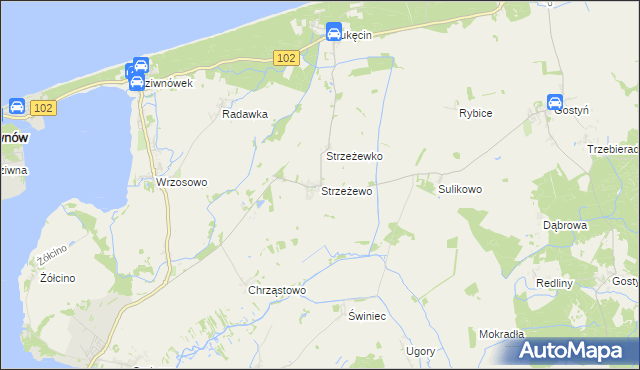 mapa Strzeżewo gmina Kamień Pomorski, Strzeżewo gmina Kamień Pomorski na mapie Targeo