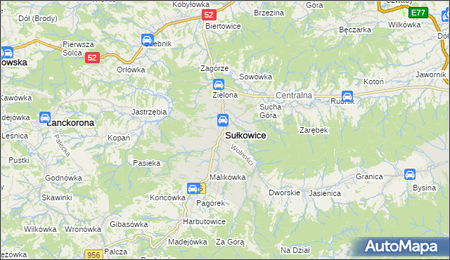 mapa Sułkowice powiat myślenicki, Sułkowice powiat myślenicki na mapie Targeo