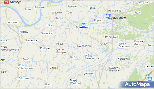 mapa Świebodzin gmina Bolesław, Świebodzin gmina Bolesław na mapie Targeo