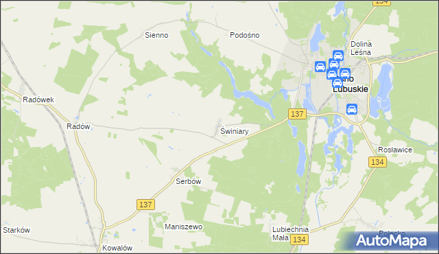 mapa Świniary gmina Ośno Lubuskie, Świniary gmina Ośno Lubuskie na mapie Targeo