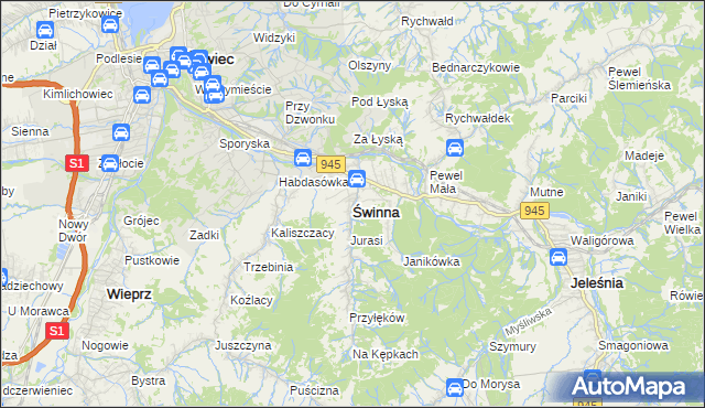 mapa Świnna powiat żywiecki, Świnna powiat żywiecki na mapie Targeo