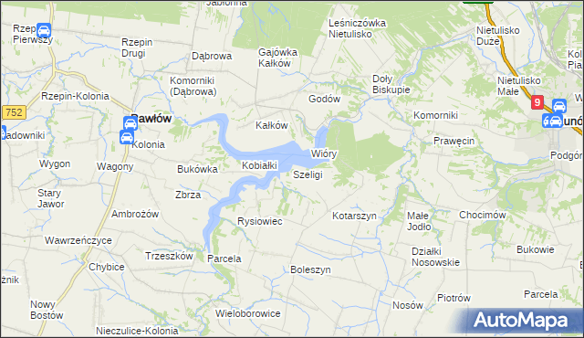 mapa Szeligi gmina Pawłów, Szeligi gmina Pawłów na mapie Targeo