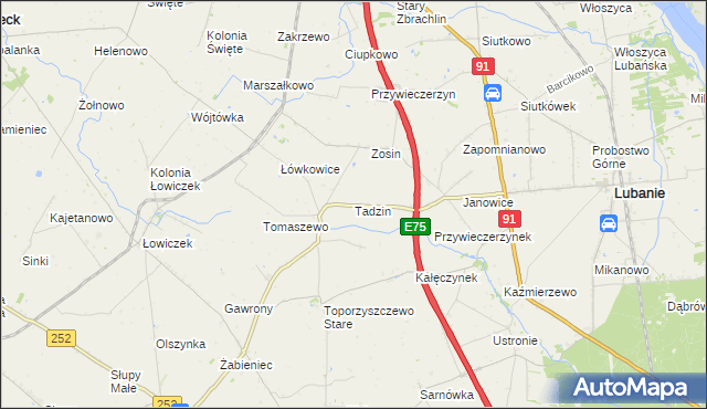 mapa Tadzin gmina Lubanie, Tadzin gmina Lubanie na mapie Targeo