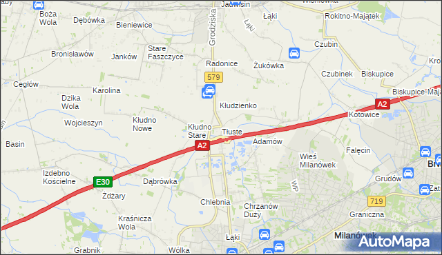 mapa Tłuste gmina Grodzisk Mazowiecki, Tłuste gmina Grodzisk Mazowiecki na mapie Targeo