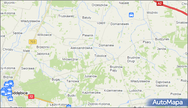 mapa Tobolice gmina Dalików, Tobolice gmina Dalików na mapie Targeo