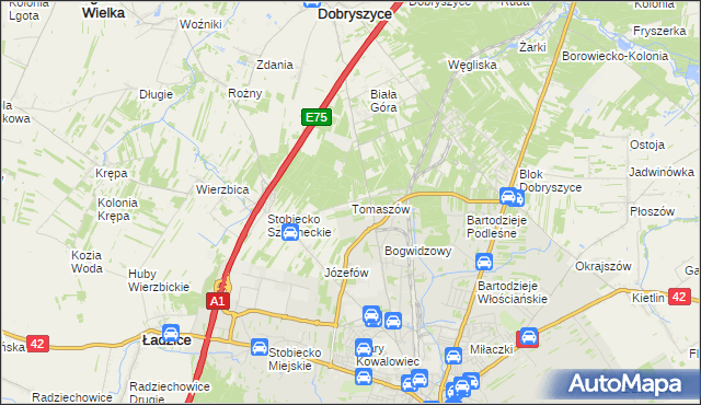 mapa Tomaszów gmina Ładzice, Tomaszów gmina Ładzice na mapie Targeo