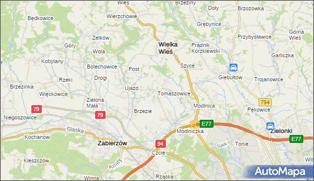 mapa Tomaszowice gmina Wielka Wieś, Tomaszowice gmina Wielka Wieś na mapie Targeo