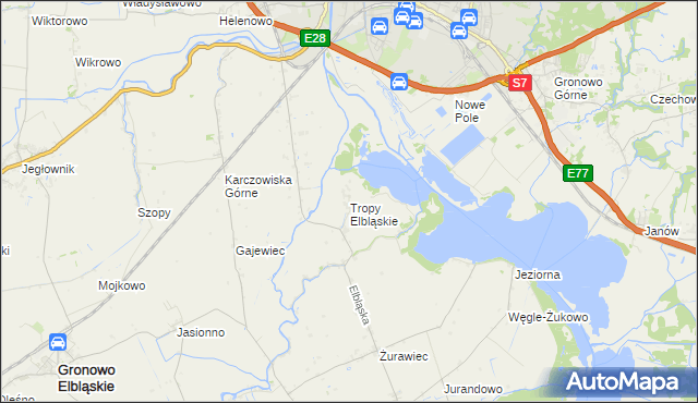 mapa Tropy Elbląskie, Tropy Elbląskie na mapie Targeo