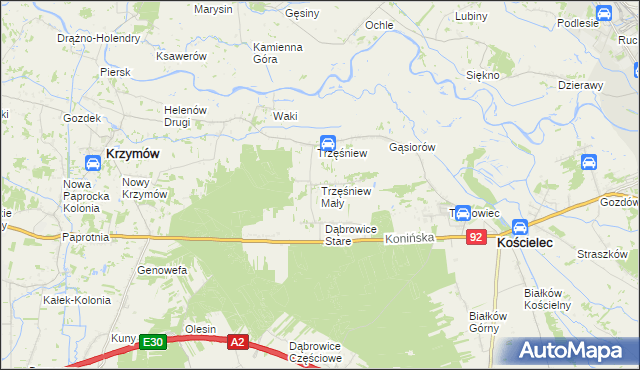 mapa Trzęśniew Mały, Trzęśniew Mały na mapie Targeo