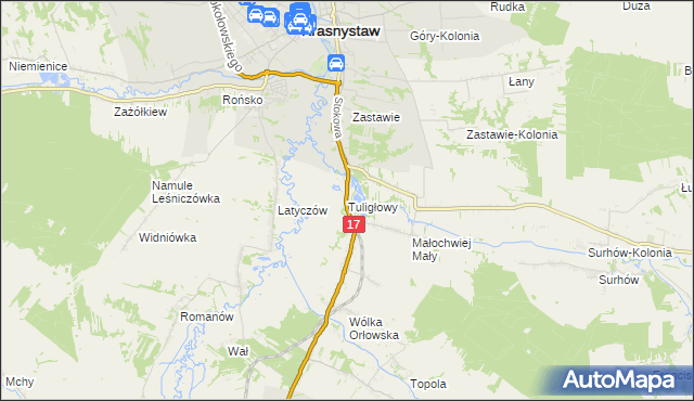 mapa Tuligłowy gmina Krasnystaw, Tuligłowy gmina Krasnystaw na mapie Targeo