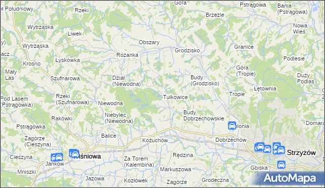 mapa Tułkowice gmina Wiśniowa, Tułkowice gmina Wiśniowa na mapie Targeo