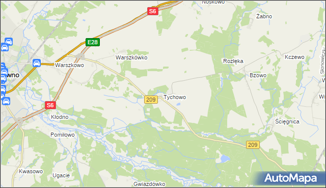 mapa Tychowo gmina Sławno, Tychowo gmina Sławno na mapie Targeo