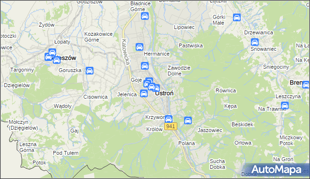 mapa Ustroń powiat cieszyński, Ustroń powiat cieszyński na mapie Targeo