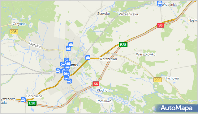 mapa Warszkowo gmina Sławno, Warszkowo gmina Sławno na mapie Targeo
