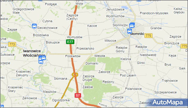 mapa Wesoła gmina Słomniki, Wesoła gmina Słomniki na mapie Targeo