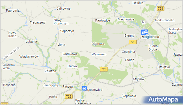 mapa Wężowiec gmina Mogielnica, Wężowiec gmina Mogielnica na mapie Targeo