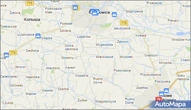 mapa Więckowice gmina Proszowice, Więckowice gmina Proszowice na mapie Targeo