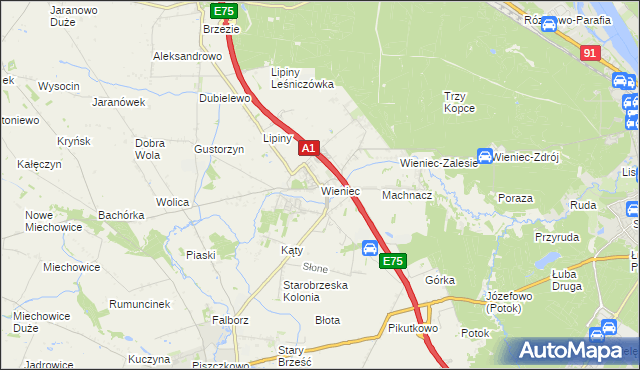 mapa Wieniec gmina Brześć Kujawski, Wieniec gmina Brześć Kujawski na mapie Targeo