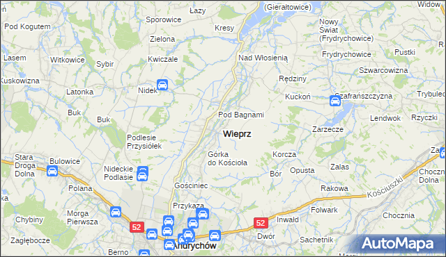 mapa Wieprz powiat wadowicki, Wieprz powiat wadowicki na mapie Targeo