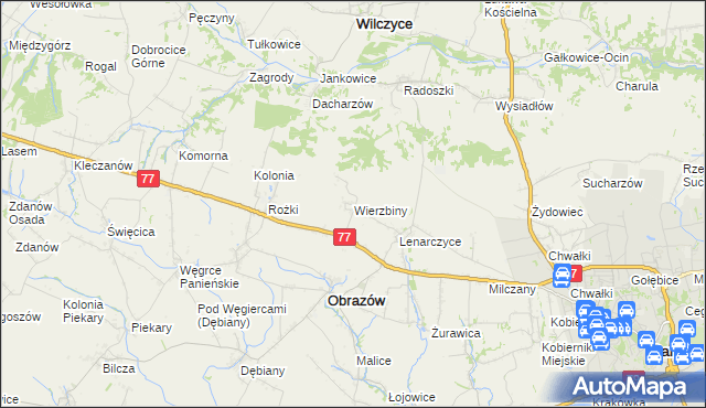 mapa Wierzbiny gmina Obrazów, Wierzbiny gmina Obrazów na mapie Targeo