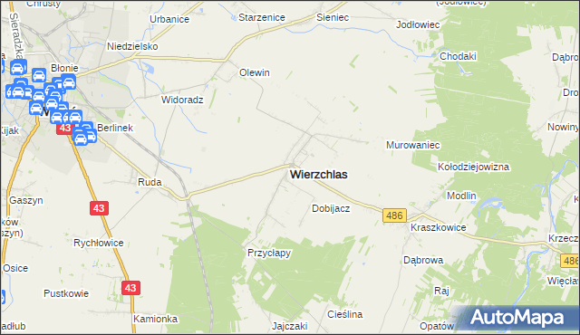 mapa Wierzchlas powiat wieluński, Wierzchlas powiat wieluński na mapie Targeo