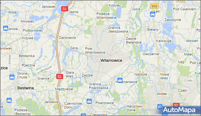 mapa Wilamowice powiat bielski, Wilamowice powiat bielski na mapie Targeo