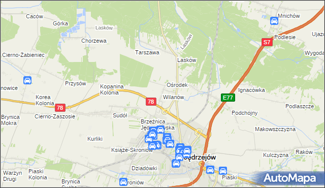 mapa Wilanów gmina Jędrzejów, Wilanów gmina Jędrzejów na mapie Targeo
