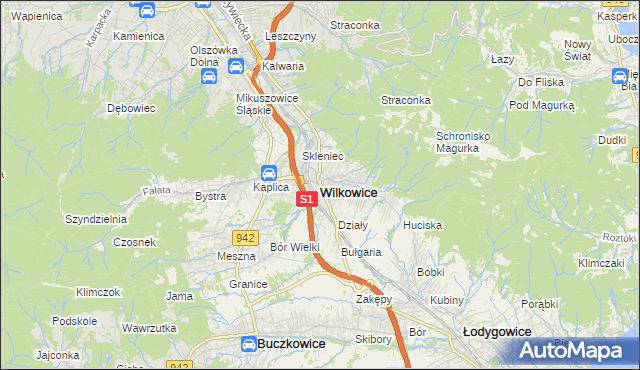 mapa Wilkowice powiat bielski, Wilkowice powiat bielski na mapie Targeo