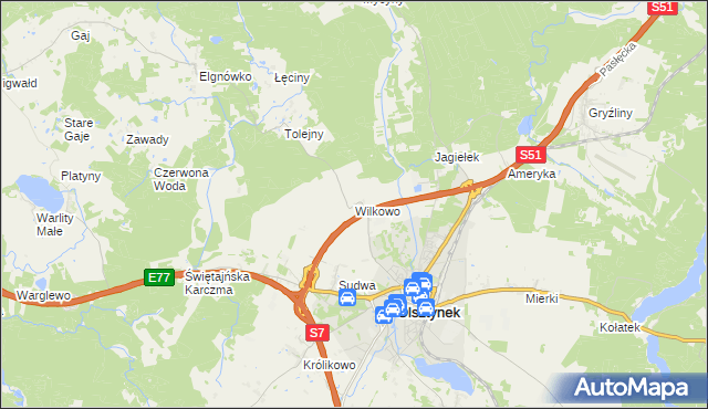 mapa Wilkowo gmina Olsztynek, Wilkowo gmina Olsztynek na mapie Targeo