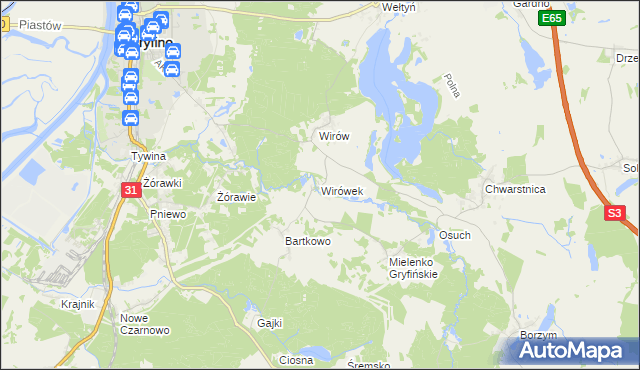 mapa Wirówek gmina Gryfino, Wirówek gmina Gryfino na mapie Targeo