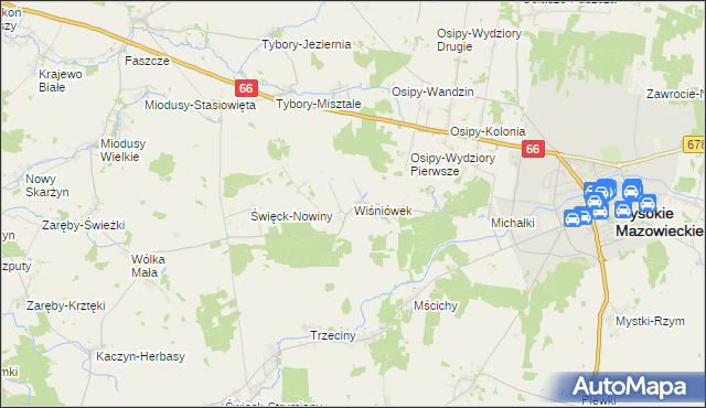 mapa Wiśniówek gmina Wysokie Mazowieckie, Wiśniówek gmina Wysokie Mazowieckie na mapie Targeo
