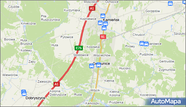 mapa Wojciechów gmina Gomunice, Wojciechów gmina Gomunice na mapie Targeo