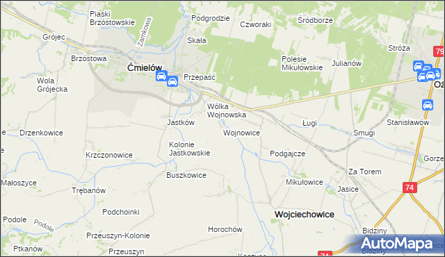 mapa Wojnowice gmina Ćmielów, Wojnowice gmina Ćmielów na mapie Targeo