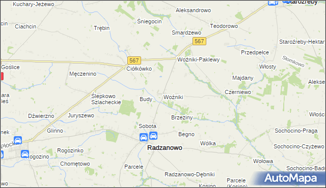 mapa Woźniki gmina Radzanowo, Woźniki gmina Radzanowo na mapie Targeo