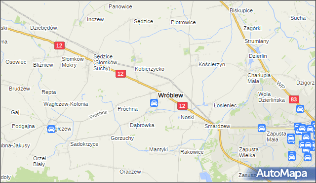 mapa Wróblew powiat sieradzki, Wróblew powiat sieradzki na mapie Targeo