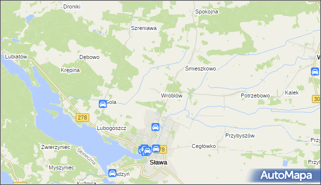 mapa Wróblów gmina Sława, Wróblów gmina Sława na mapie Targeo