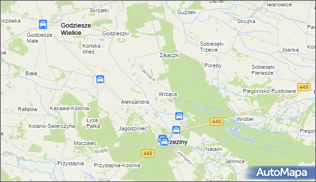 mapa Wrząca gmina Brzeziny, Wrząca gmina Brzeziny na mapie Targeo