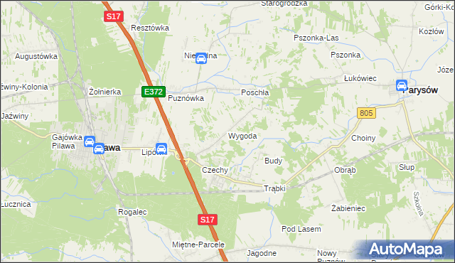 mapa Wygoda gmina Pilawa, Wygoda gmina Pilawa na mapie Targeo