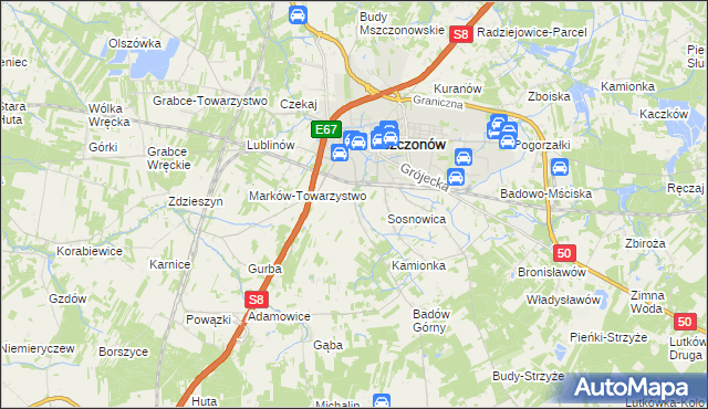 mapa Wymysłów gmina Mszczonów, Wymysłów gmina Mszczonów na mapie Targeo