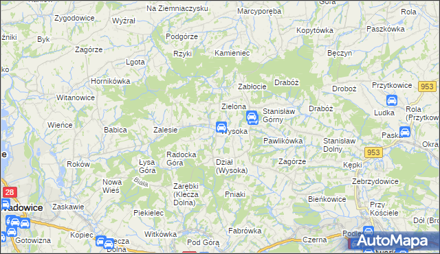 mapa Wysoka gmina Wadowice, Wysoka gmina Wadowice na mapie Targeo