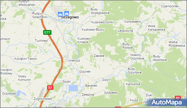 mapa Zabiele gmina Strzegowo, Zabiele gmina Strzegowo na mapie Targeo