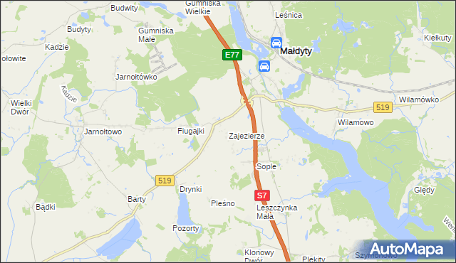 mapa Zajezierze gmina Małdyty, Zajezierze gmina Małdyty na mapie Targeo