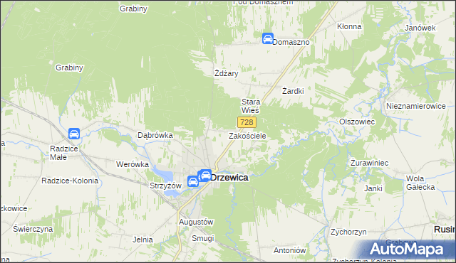 mapa Zakościele gmina Drzewica, Zakościele gmina Drzewica na mapie Targeo